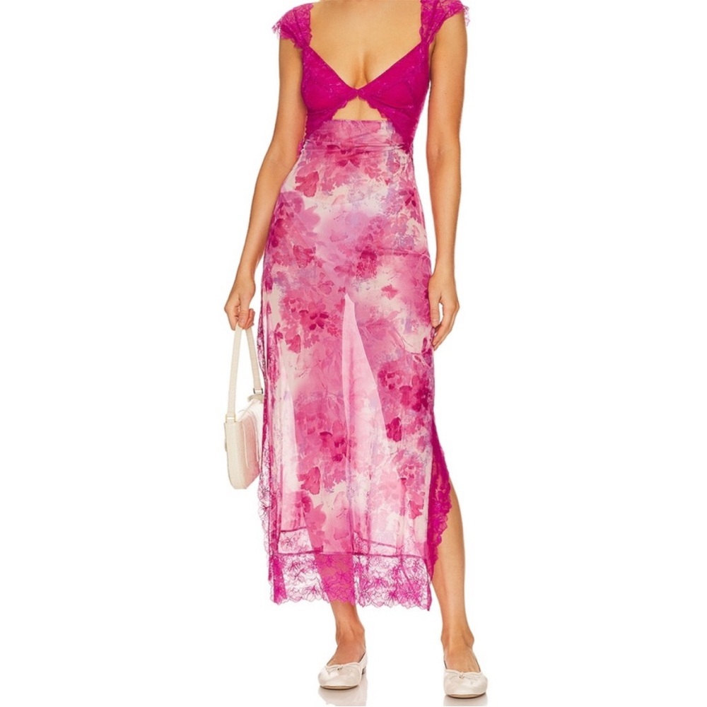 Free People Suddenly Fine Floral Print Cutout Lace Trim Nightgown